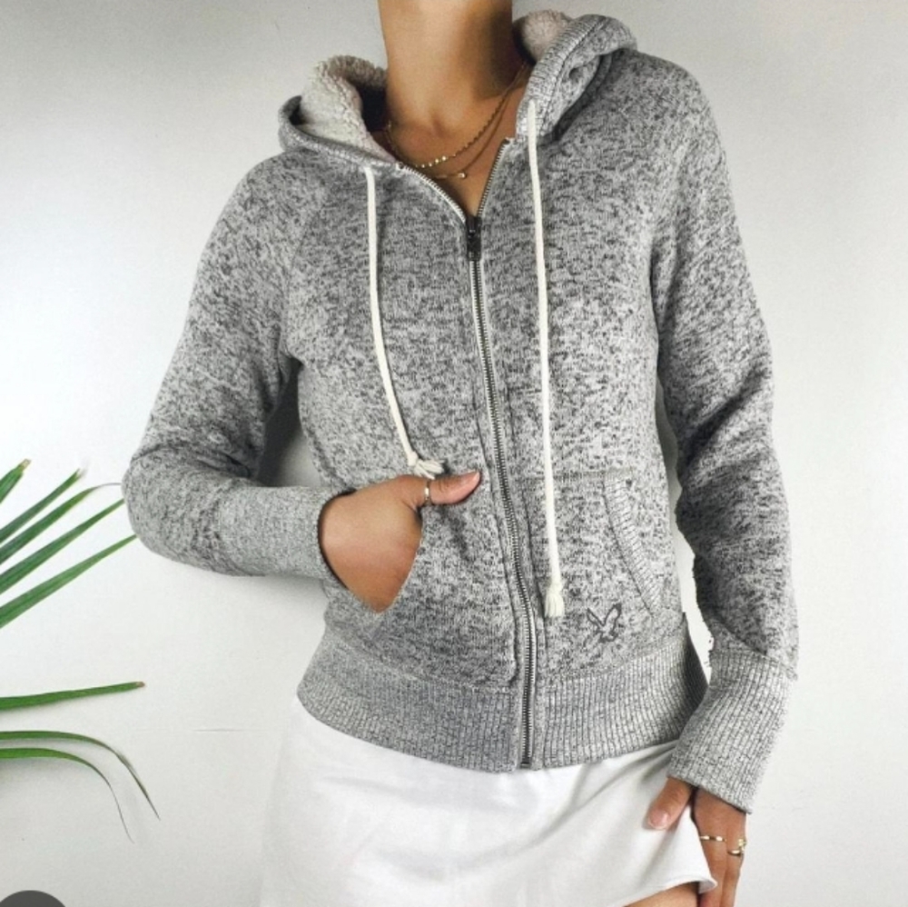 American Eagle Outfitters Women's Fleece Full Zip Hoodie Gray S/P Logo